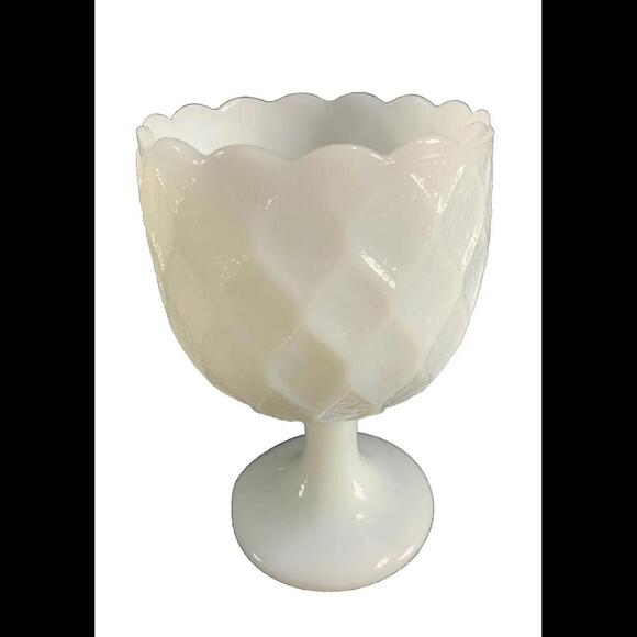 Vintage White Milk Glass Goblet Compote Pedestal Quilted Large 6.5" Tall - Picture 1 of 12